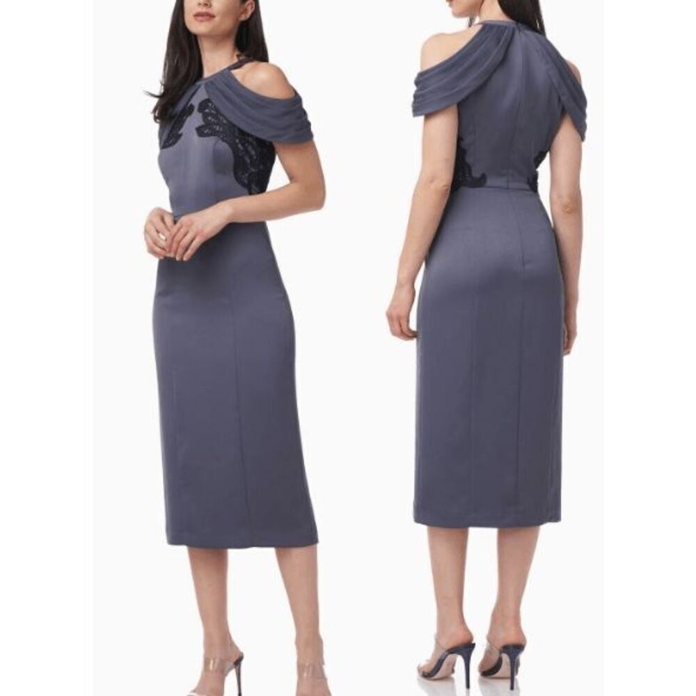 JS Collections Rosalind | Cold Shoulder Midi | Lace Appliqué | Elegant Dress 4